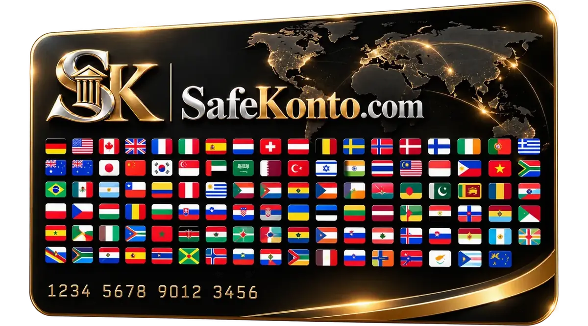 Die SafeKonto-Karte mit Flaggen aus aller Welt und dem SafeKonto-Logo
