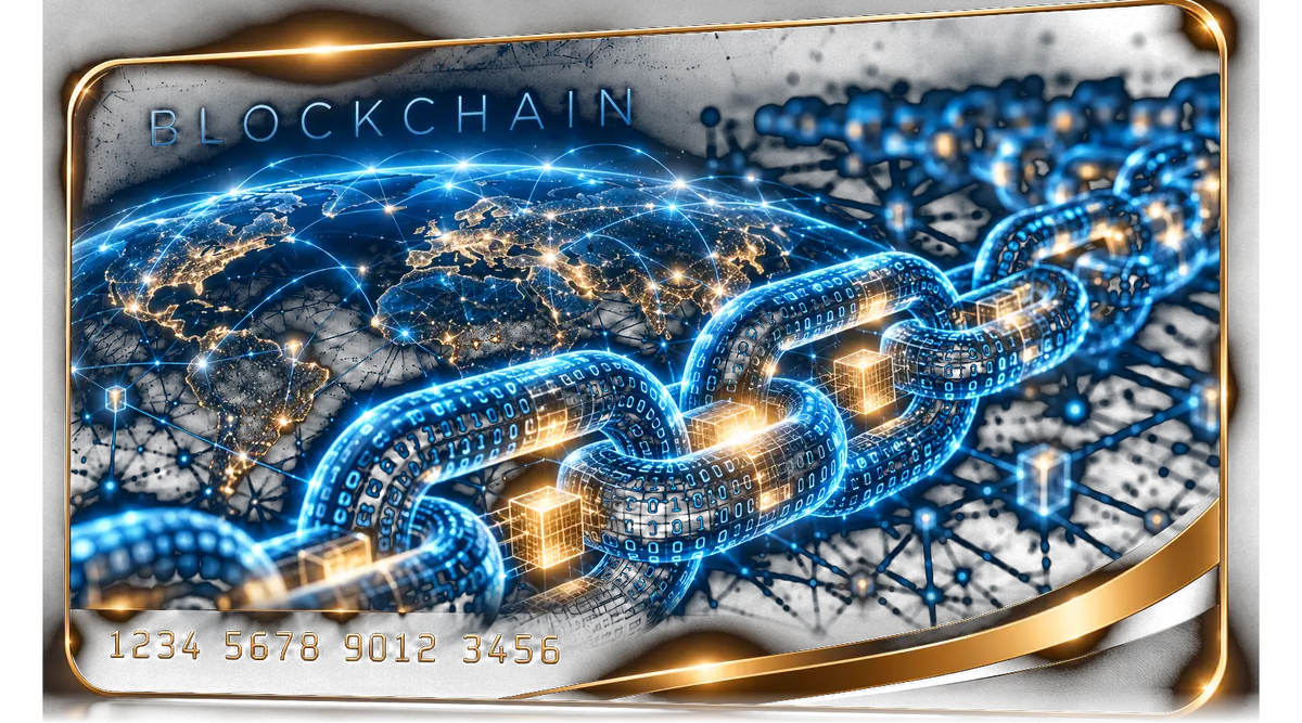 Kartenmotiv Blockchain: Weltkugel mit digitaler Kette